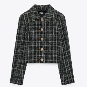 Zara black and white Textured plaid cropped jacket with gold accent buttons